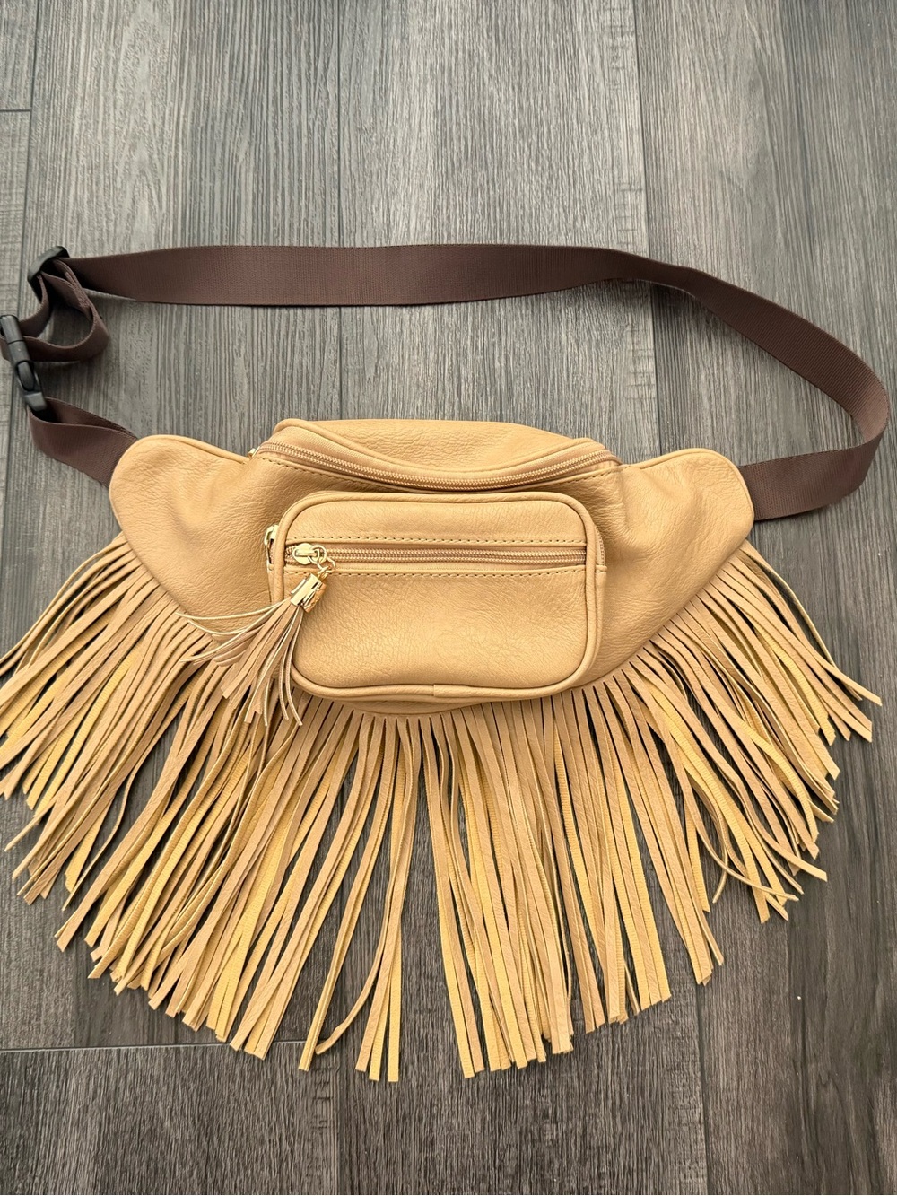 Fringed Tan Leather Bag - Stylish Hands-Free Belt/Bum Bag